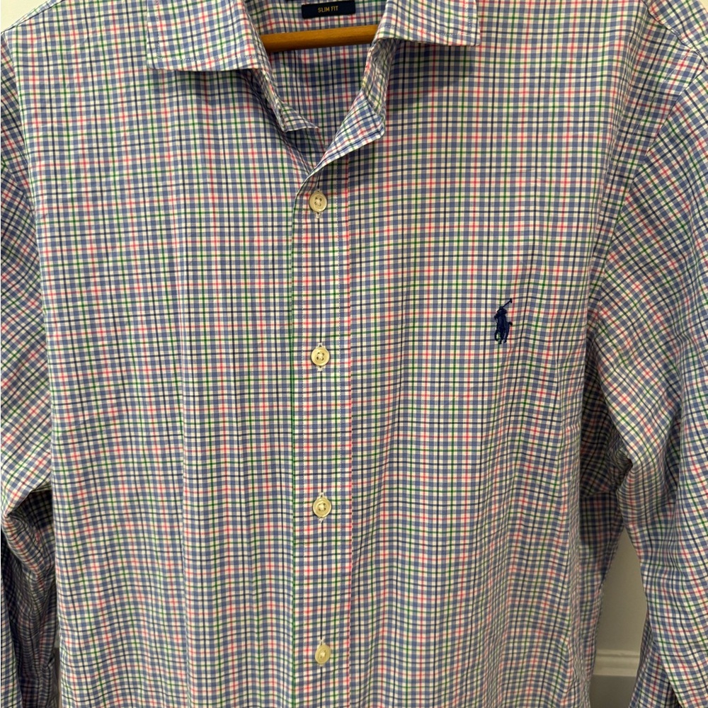 Ralph Lauren Men's Blue and Pink Checked Button Down Shirt. Slim Cut